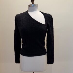 Rice Black Fuzzy Asymmetrical Neckline Sweater